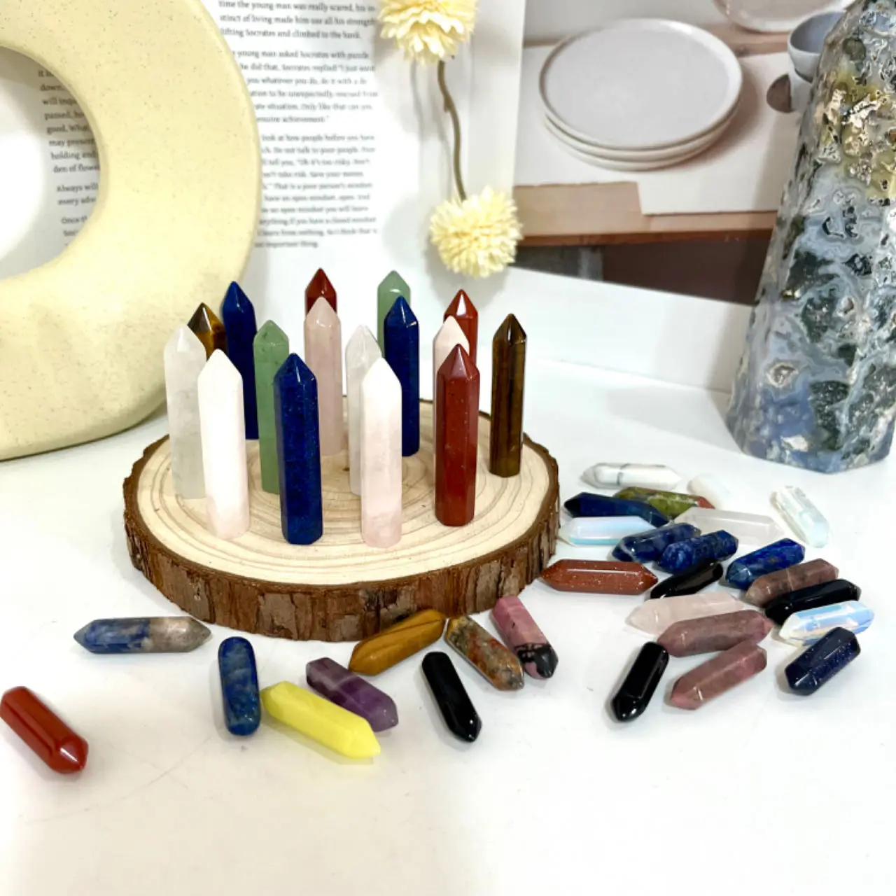 IG Crystal Different Colors Small Crystal Wands Set Tiger Eyes Pink Opal Green Fluorite Yellow Quartz Clear Sodalite Dream Amethyst