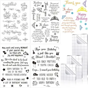 4 Sheets Sentiments Rubber Clear Stamps Set for Birthday Card Making 3 Pcs Acrylic Stamp Block Tools with Grid Lines Happy Birthday Books Stamps Craft Supplies for DIY Scrapbooking