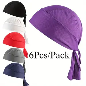 6Pcs/Pack Men's Outdoor Sports Breathable Mesh Solid Color Headscarf, European and American Hip-hop Street Long Tail Headband Set