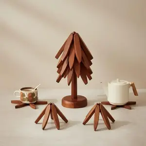 Natural Tree Trivet Set 4 Wooden Trivets & 1 Stand Heat Resistant Foldable Design Durable & High Quality Solid Wood Ideal for Hot Dishes, Pots, Bowls, Teapots Kitchenware & Tableware Coasters