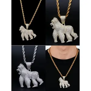 Roaring Gorilla King Kong Pendant Necklace for Men CZ Stones Bling Chain Bold Street Style Gift for Him Night Out Accessory