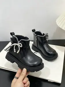 Kids' Short Boots with Pearl and Lace Bow, PU Leather Upper, 2 Stylish Colors, Ideal for Fall & Winter, Special Occasions