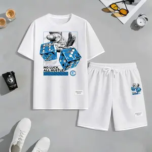 Men's Dice Print 2-Piece Drawstring Set - Short-Sleeved Shirt & Bottoms for Spring/Summer, Casual Everyday Wear & Sports, Relaxed Energetic Lifestyle Outfit