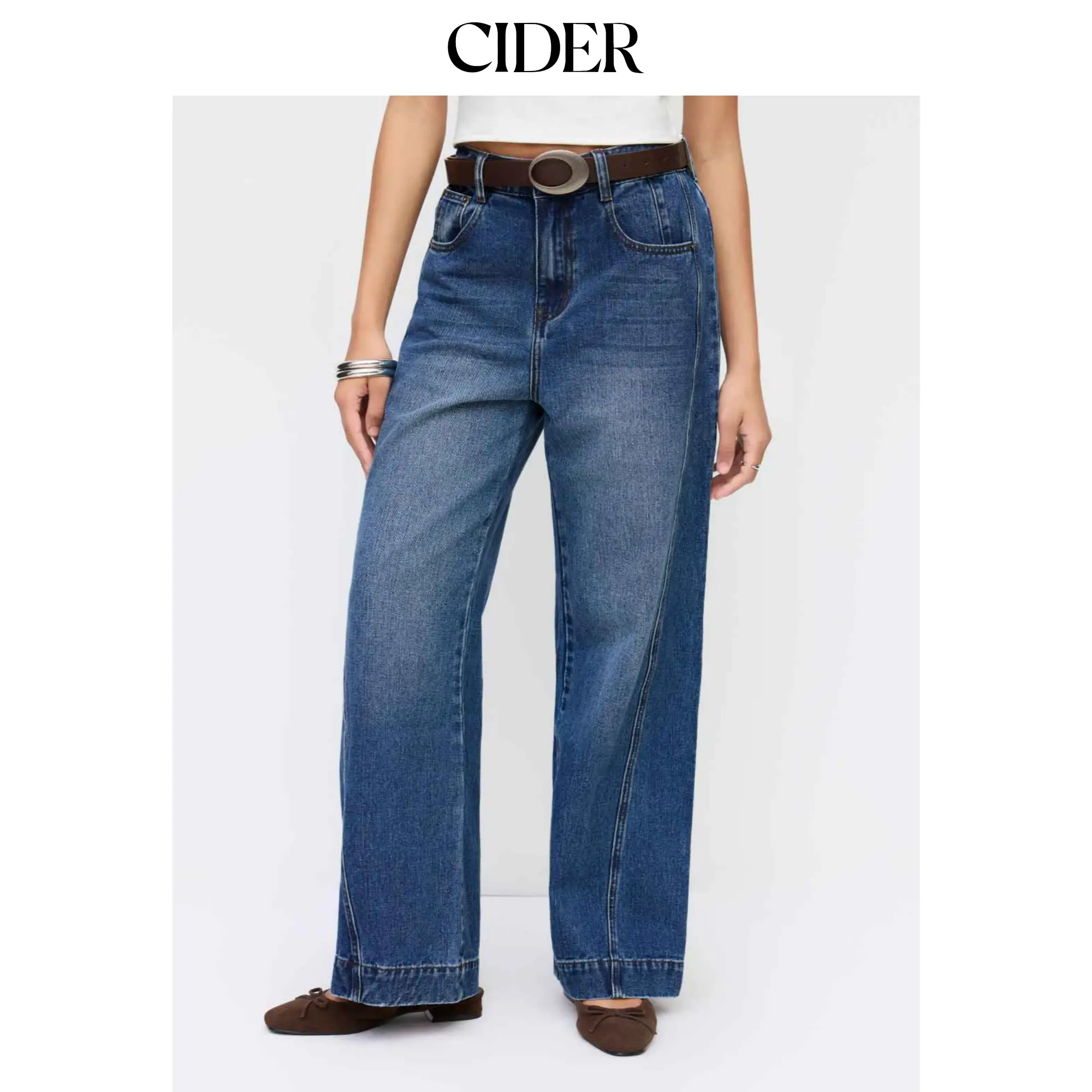 Cider Women's Mid Rise Baggy Wide Leg Jeans, Relaxed Fit Washed Out Denim with a Comfortable Elastic Waist, Relaxed Jeans, Ultra Baggy Jeans, Mid Waist Jeans