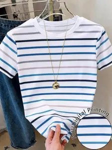 Base Multicolor Striped Short Sleeve T-Shirt, Round Neck Slim Fit, Women's Daily Casual Top, Basic Versatile Style, Womenswear