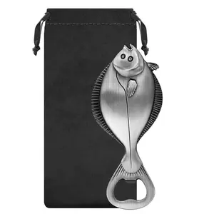 Flounder Fish Shape Metal Beer Bottle Opener with Storage Bag, Unique Design, Durable Material, Perfect Gift Idea