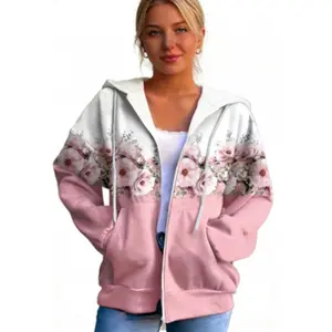 Women's Floral Print Zipper Hooded Coat - Casual Loose Comfortable Polyester Top for Autumn and Winter long sleeve tops women clothes for women vintage sweatshirts jacket for women valentine sweatshirt spider hoodie zip up hoodies