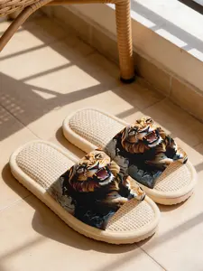 Unisex Lion Print Linen Slippers, Breathable Sweat-Wicking Soft Sole, Non-Slip Quiet Home Shoes, All-Season Casual Footwear