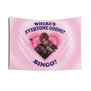 Leon Kennedy Where's Everyone Going? Bingo? Flag, Leon S. Kennedy Indoor Wall Tapestries, Leon Kennedy RE9 Flag, Wall Banner, Home Decor, Room Decoration, Dorm Poster