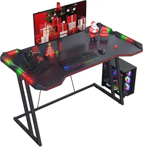 47 In Z-Shaped Gaming Desk - Desks for Gaming with Carbon Fiber Surface, LED Lights, Ergonomic Cable Management, Ideal for Home Game Setup & Office PC Workstation, Black