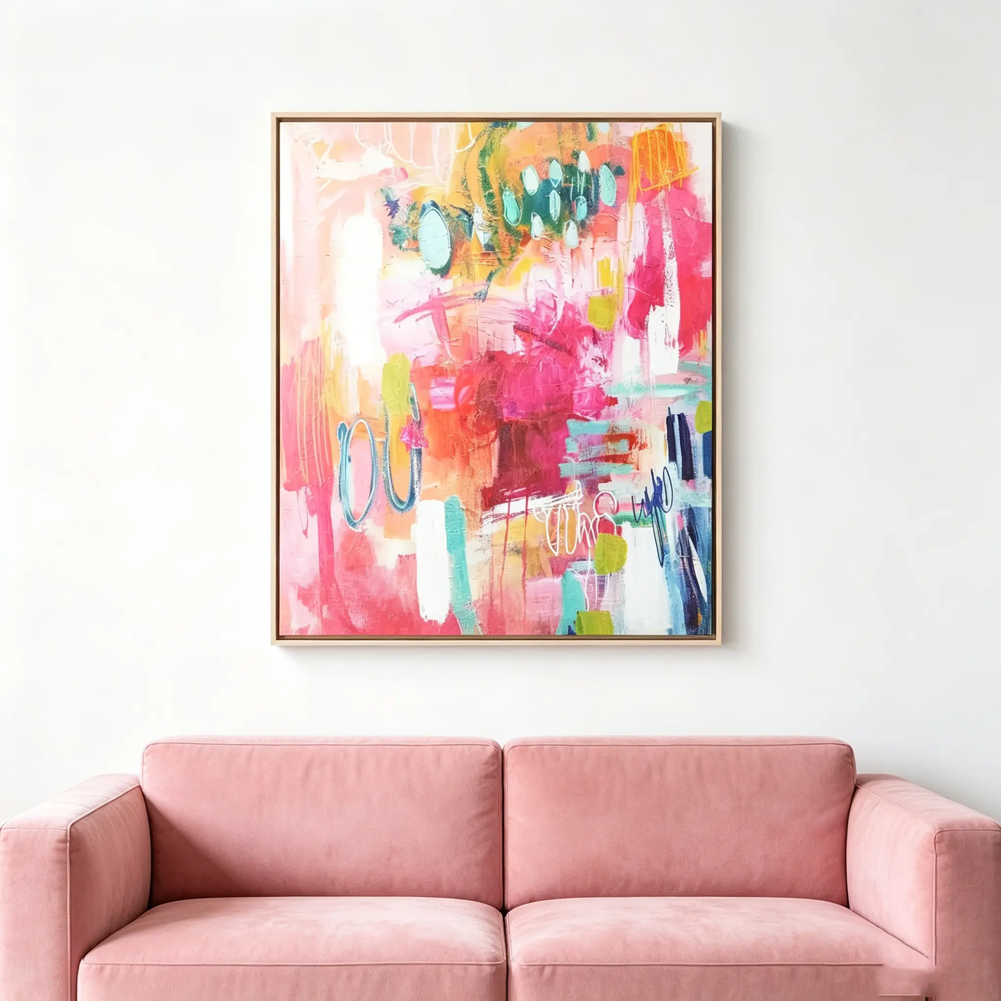 12x18 in Framed Canvas Wall Art Print - Amira Rahim Colorful Pink Abstract Collage Painting, Modern Bright Graffiti Home Decor for Living Room, Bedroom