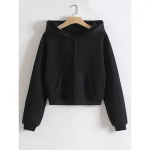 Casual Thermal Zip Up Crop Hoodie Hooded Sweatshirt Black Drawstring Thermal Lined Long Sleeve Pullover Fall Outfit For Girls Teenagers Kids Size 8-16Y