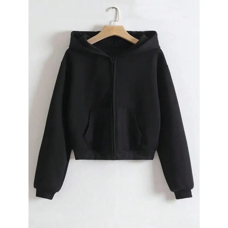 Casual Thermal Zip Up Crop Hoodie Hooded Sweatshirt Black Drawstring Thermal Lined Long Sleeve Pullover Fall Outfit For Girls Teenagers Kids Size 8-16Y B2713 comfortable Girls' Graphic Print Hoodie sequins pants sunburst beauty page ants granola Face