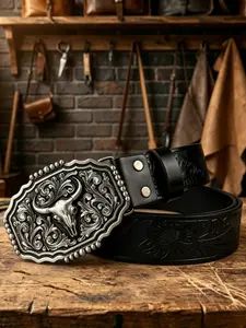 Unisex Western style waist belt, Pu Leather Belts, Cowboy Waist Belt, Cowboy Cowgirl Belt, seagrass bottom cow head shaped buckle, 1.46in/3.7cm wide embossed waist belt, perfect gift for Western denim.