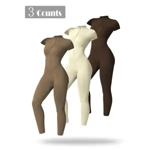 Women's Solid Short Sleeve Half Zip Sports Jumpsuit, Sporty Stand Collar Skinny Jumpsuit for Yoga Gym Workout, Ladies Sportswear for All Seasons, Valentine's Day Gift for Girl