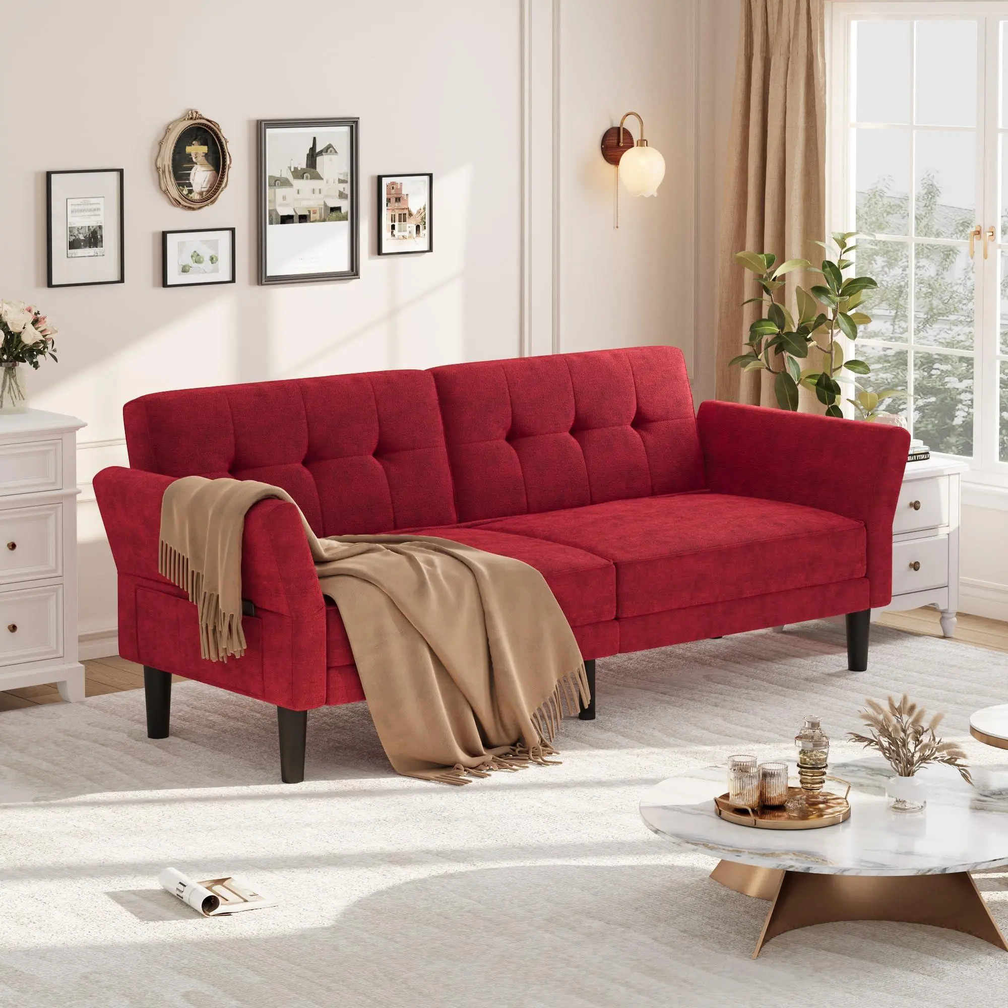 Gaomon 89" Modern Chenille Futon Sofa Bed Couch, 3-Split Adjustable Backrest Sleeper with Height-Adjustable Armrests, 700 LBS Capacity Convertible for Apartment Home Office