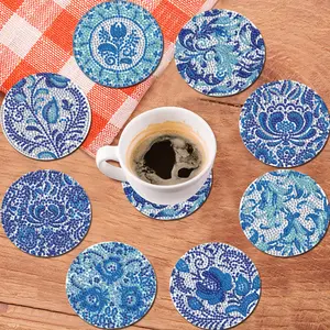 8pcs DIY Diamond Painting Coasters, Wooden Coasters for Adults No Holder - Crystal Rhinestone Coasters Diamond Art Kits for Beginner, Wood Cup Tea Mat for Home, Office Table Decor, Gifts for Friends and Family, Holiday Festival Party