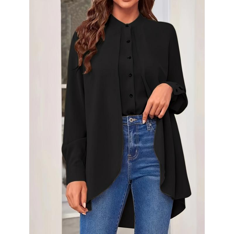 Women's Plus Size Olive Green Chiffon Blouse-Long Sleeve Button-Up Shirt with Stand Collar, Semi-Sheer Casual Top for Spring Summer Fall,Lightweight Breathable Office&Casual Attire, Sophisticated Casual Look, Elegant Texture,Spring Fa Polyester Womenswear