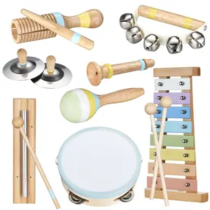 POGOLAB Toddler Musical Instruments Percussion Set, Montessori Wooden Toys for Kids, Tambourine Maraca Xylophone Cymbal, Hand Bells, Chime Bar, Ideal Christmas & Birthday Gift Young Children