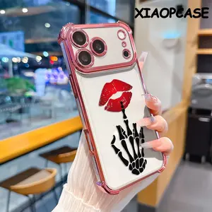 Skull with red lips pattern four-corner drop-proof soft TPU phone case iPhone 17 Pro Max Air 16 15 14 13 12 11 Plus Fashionable camera protection shockproof and drop-resistant durable phone case