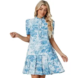 Women Floral Mini Dress Short Sleeve Stand Collar Button Up Elegant Work Swing Short Pleated Dress