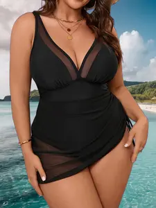 【Plus Size】 Deep V Neck One-piece Swimsuit, Casual Sleeveless Swimwear, Skirted Swim Dress for Beach Holiday Vacation, Women's Swimsuit for Summer