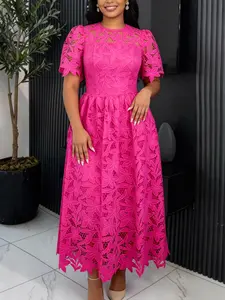 Elegant Lace Round Neck Fitted Midi Dress, Women's Formal Party Wedding Guest A-Line Short Sleeve Hollow Out Mesh Summer Dress, Fashion Evening Gown