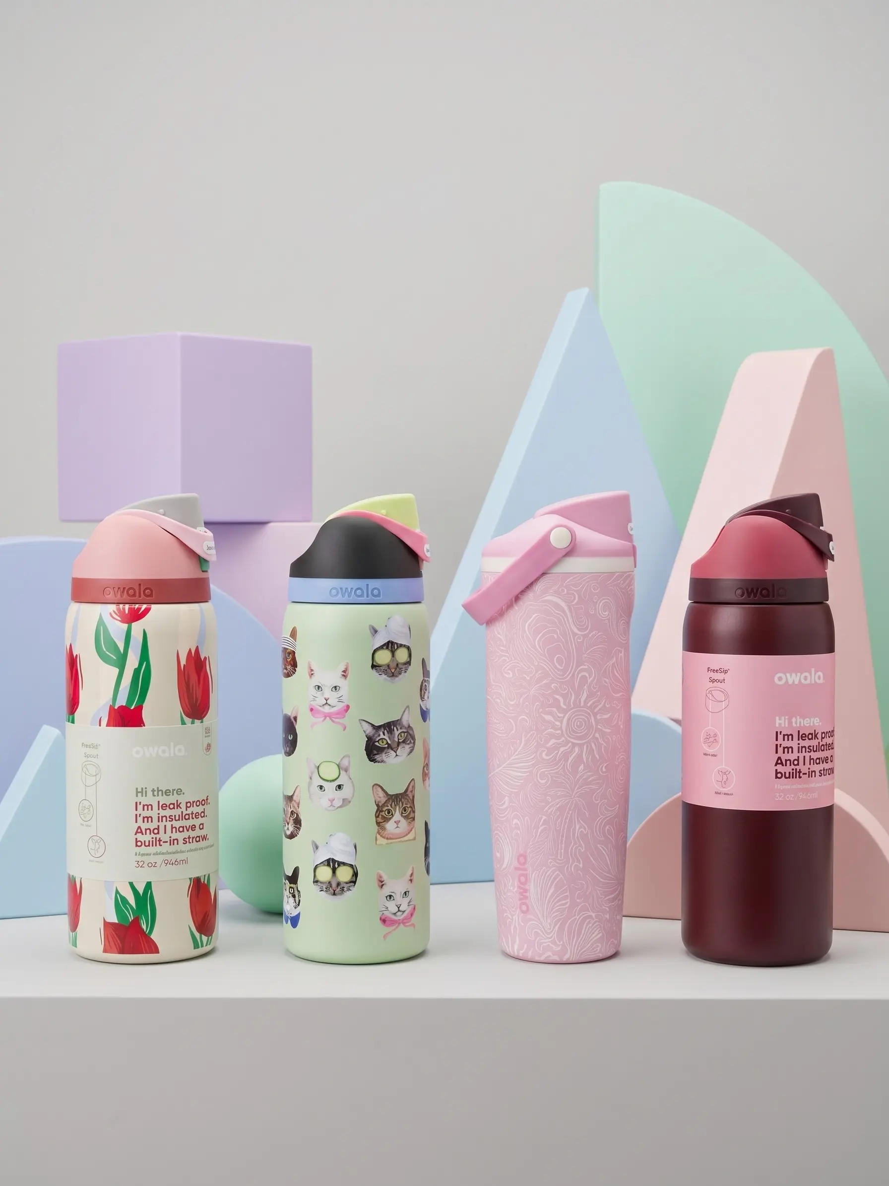 Owala 32oz Insulated Sports Water Bottle Collection - Tulip Floral Designs, Cat Print, Blush Pink, Burgundy, Hydration BFF Sports Water Bottles
