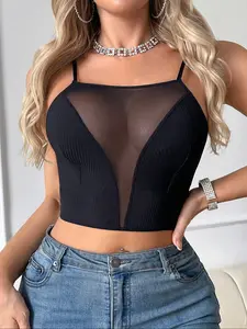 Women's Contrast Color Breathable Lightweight Mesh Short Crop Top, Sexy Sleeveless Backless Summer & Spring Medium Casual Everyday Shirt, Ladies Fashion Clothing Underwear
