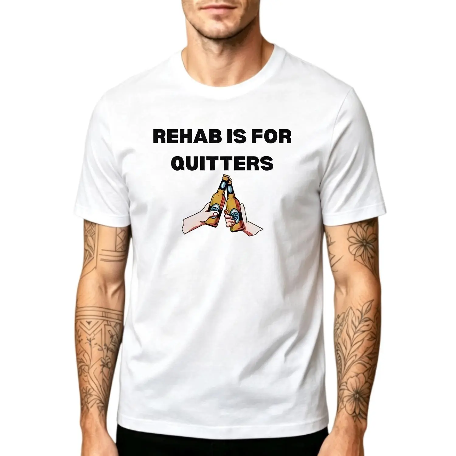 Rehab Is For Quitters Mens T Shirts Funny Drinking DUI Party Sarcastic Humor Novelty Tee Crew Neck Short Sleeve Soft Casual Fashion Tee Shirt