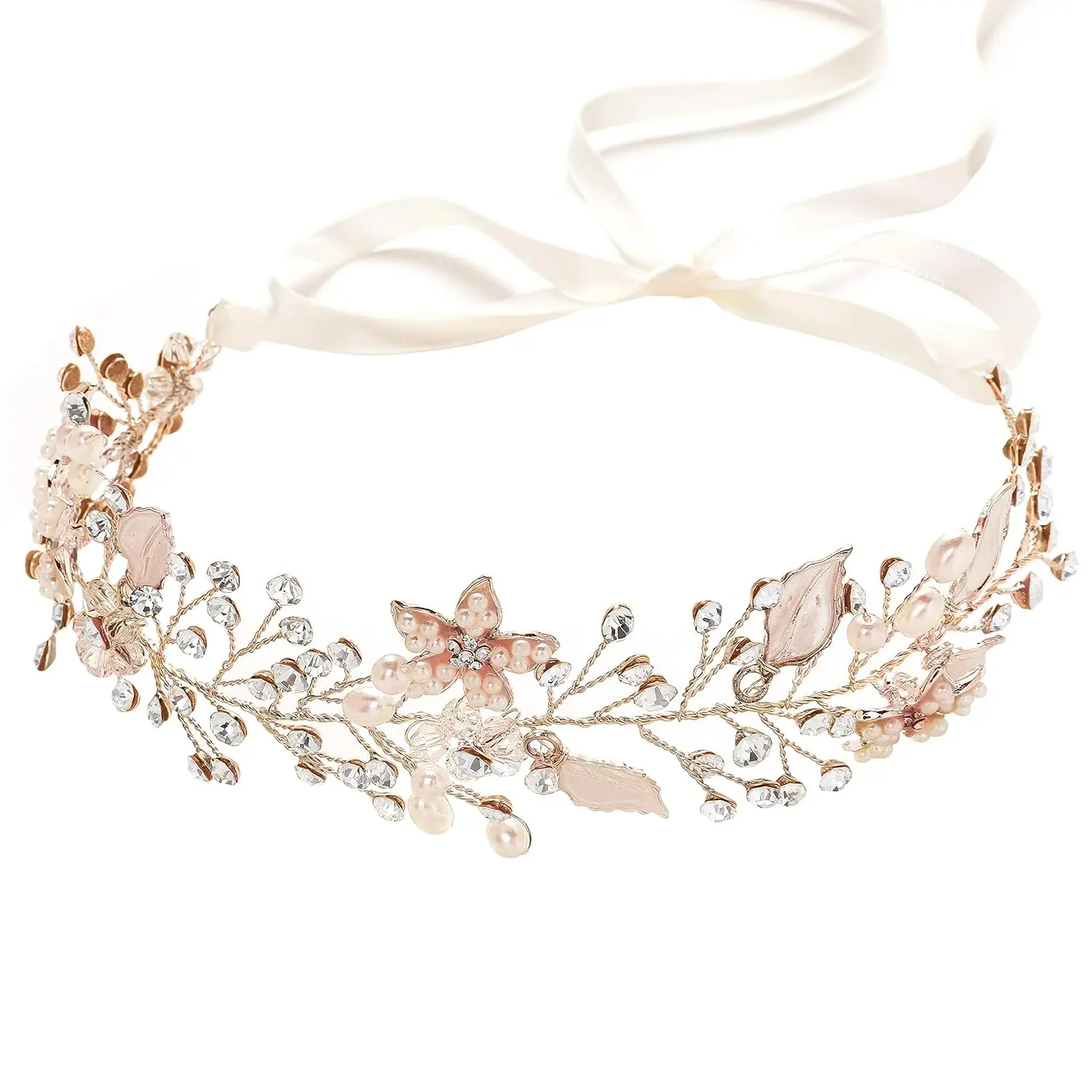 Princess Hair Flower Crown Hairpiece - Synthetic Floral Rose Leaf Alloy Base Adjustable Tie Hair Vine, Photo-Ready Bridal Wedding Prom Accessories, Wedding Flowers, Female, Anniversary, Crown Shape, Wedding Photo