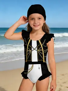 Girls' Asymmetric Design Sleeveless Slim Fit Casual Swimwear, & Random Pattern H-Type Swimsuit for Daily Wear