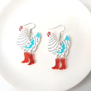 #187 White, Black & Blue Chicken with Red Glitter Boots Earrings- Stainless Steel Hooks- Casual Farm Animal Jewelry