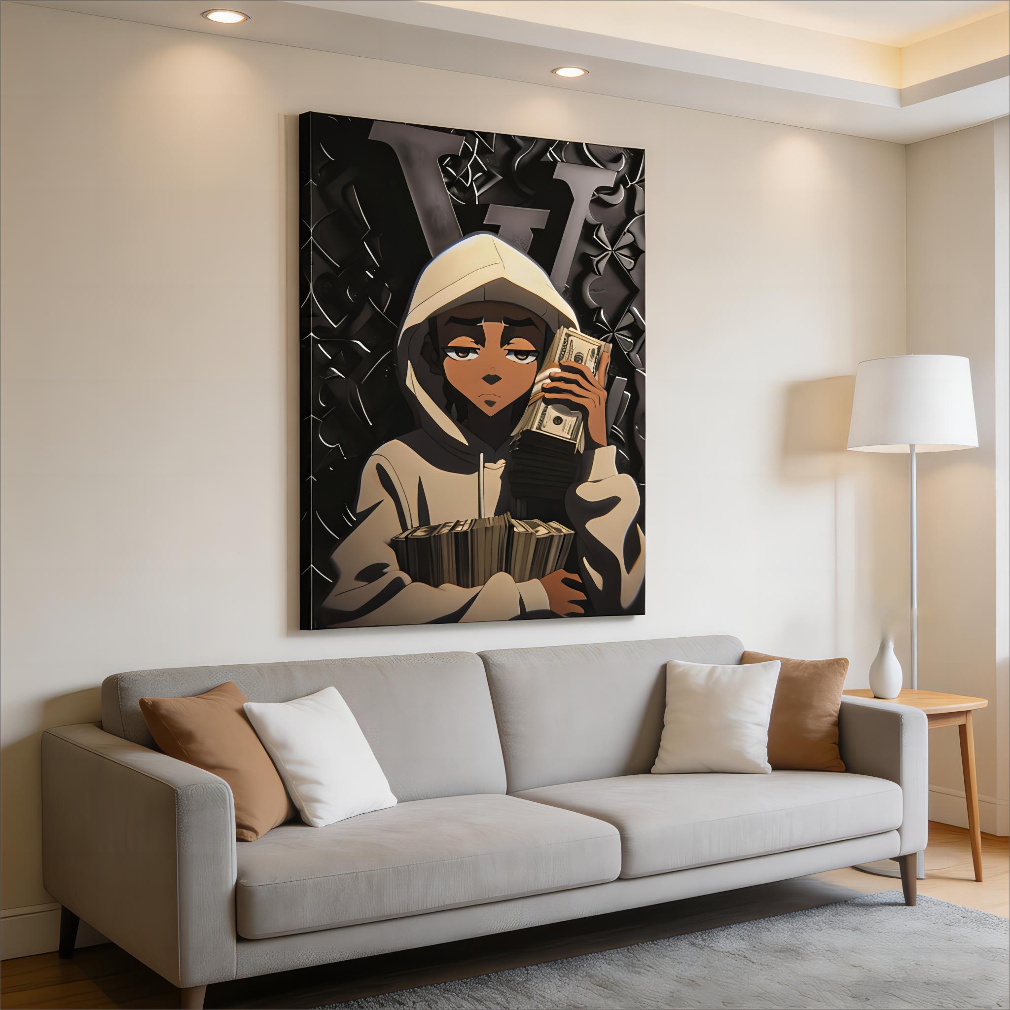Wealth Motivation Wall Art Posters, Street Style "Cash King" Decor Paintings, Anime Hooded Boy Canvas Prints, Hip-Hop Money-Themed Decorations for Bedroom, Living Room, Study & Gaming Room