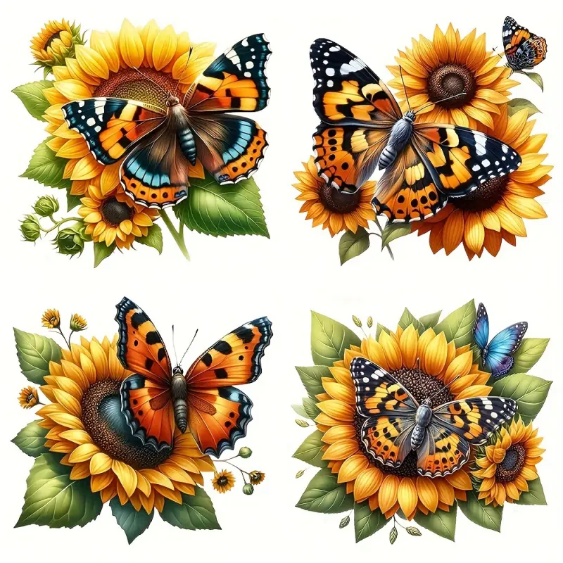 4 sunflower and butterfly iron-on patches for t-shirts, canvas bags, pillows animal print themed heat transfer patches for DIY clothing crafts, suitable for jeans, backpacks, and sweatshirts, DIY Craft Decor Embellishments, Craft Supplies