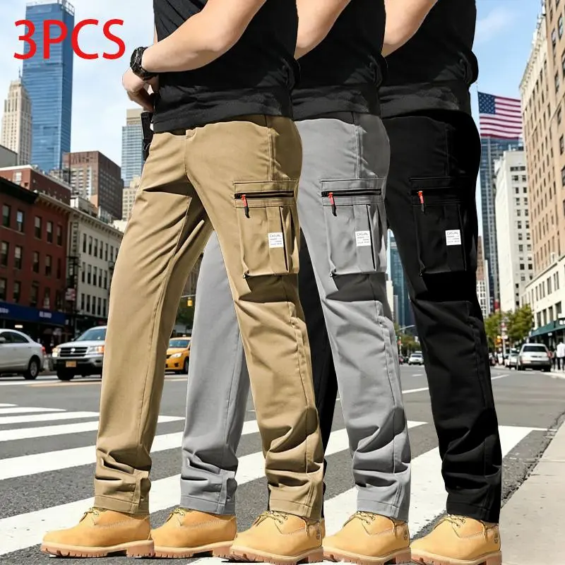 Men’s outdoor cargo pants, 3-pack — American casual straight tapered harem long pants; tactical work pants essential for commuting all year round — a great holiday gift, featuring large zippered pockets; an everyday essential for outdoor enthusiasts. summ