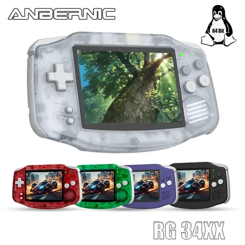 ANBERNIC RG34XX-64G Indigo 64-Bit Retro Game Console - 3.4in IPS HD Screen, 3500mAh Lithium Ion Rechargeable Portable Wireless Game Stick, Plastic Body, TV-Connect HD-Support, Travel Handheld Gaming Device