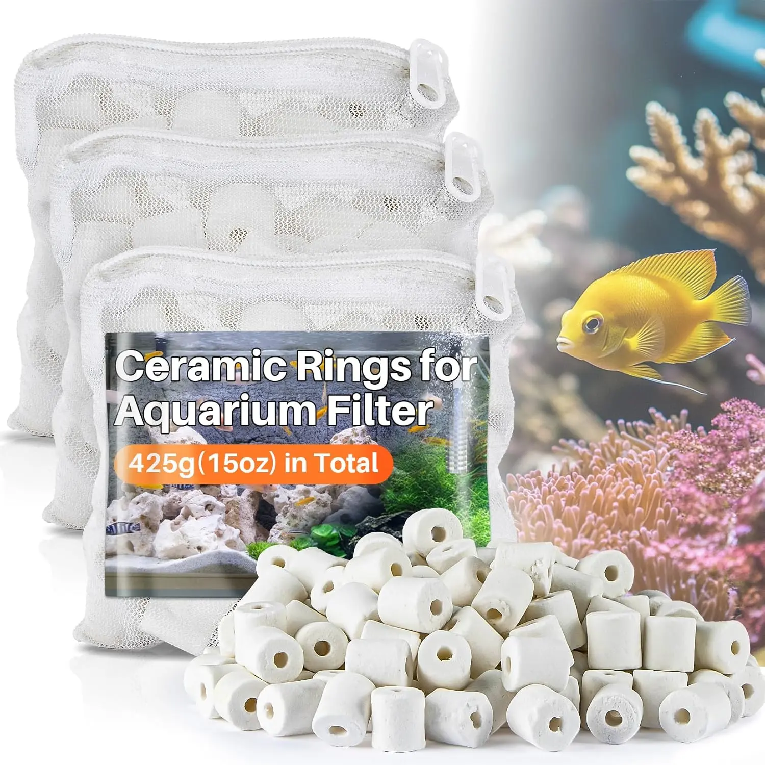 Ceramic Rings for Aquarium - 15oz Bio Media (3 Bags), Highly Porous Water Cleaner for Canister Systems & Ponds, Essential Fish & Turtle Tank Accessories