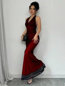 Elegant Bodycon Fishtail Hem V-Neck Waist Pleated Knit Mesh Dress with Rose Red Lining for Women Autumn Winter Fall Formal Evening Wear