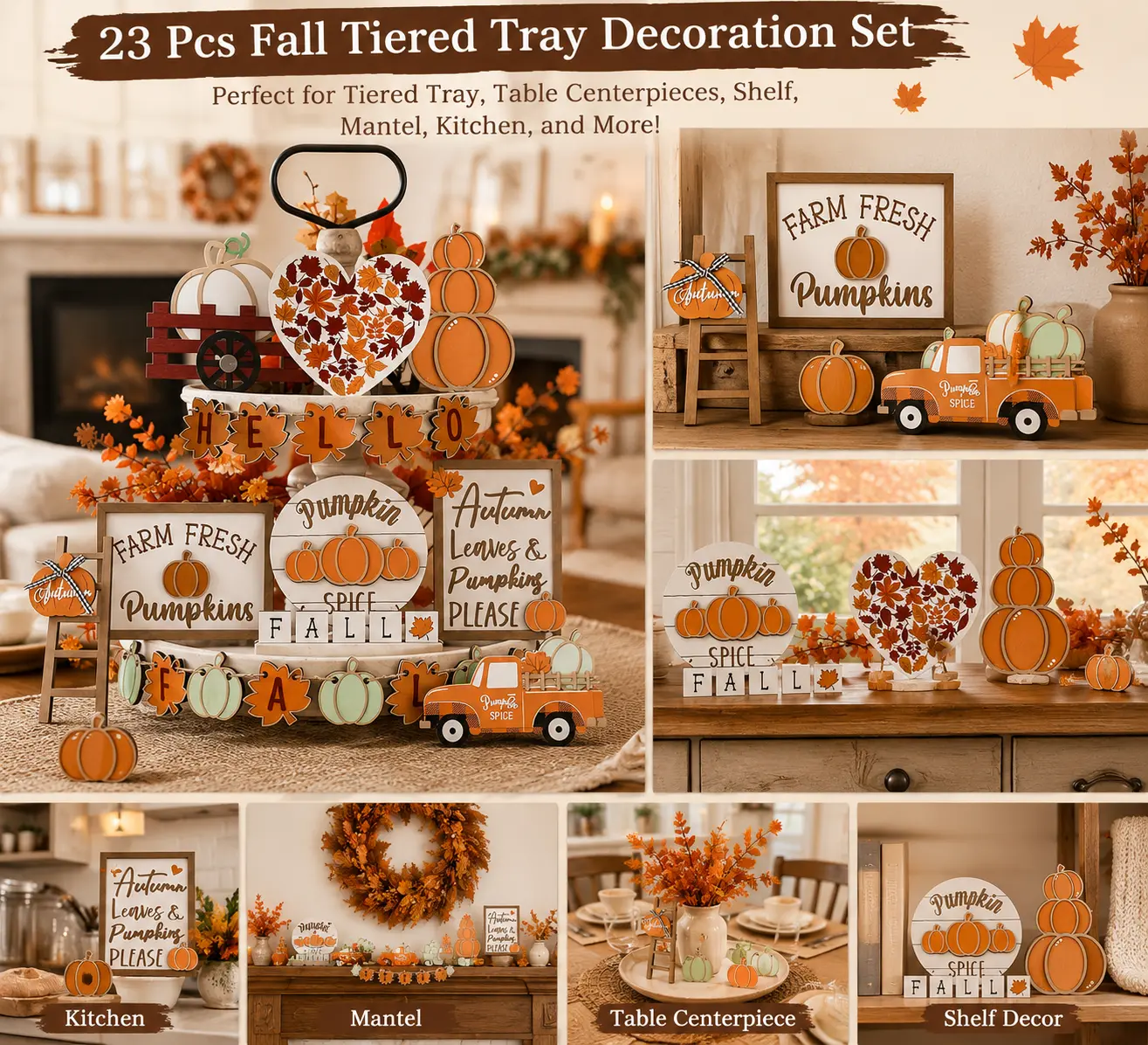 23PCS Rustic Fall Decorations for Home – Farmhouse Tiered Tray Decor Set with Pumpkin, Autumn Wooden Signs & Vintage Truck for Kitchen, Living Room & Thanksgiving Maitys