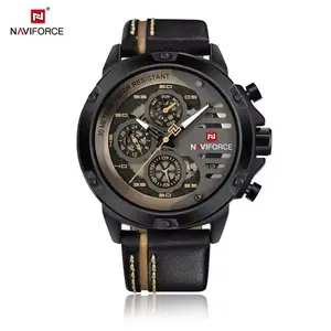 Naviforce Men's NV02-02 Chronograph Watch with Red Accents on Black Leather Strap Water-Resistant 30M Analog Auto Date Complete Calendar Week Display
