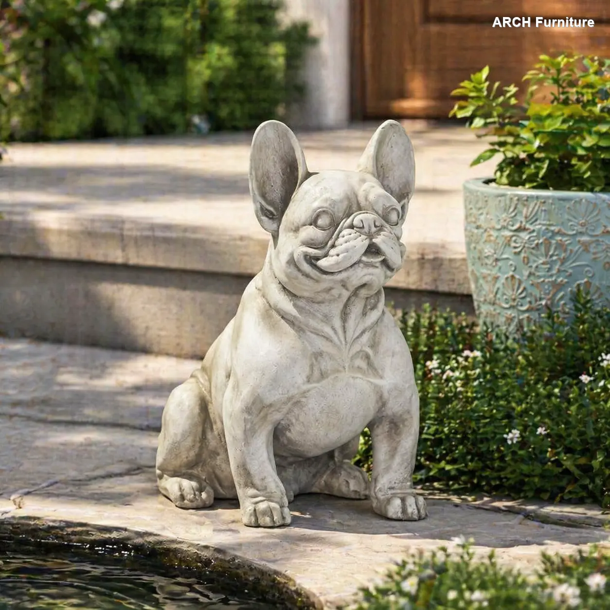 Christopher Knight Home ARCH Freestanding Outdoor French Bulldog Stone Sculpture, 9.04 lbs Rustic White Cottage Garden Decor, No-Assembly Gardening Statue, Home Improvement Garden Accessories
