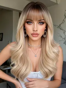 Bangs Long Curly Wig, 22 Inch Women's Synthetic Fiber Hair, Natural Puffy Style, Elegant for Party, Daily Wear, Vacation