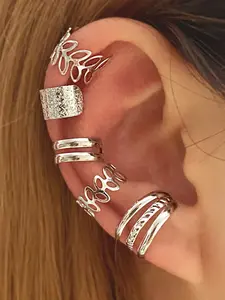 Women's Leaf-Shaped No Piercing Clip Earrings Set, Earcuff, Silver Color Jewelry, Trendy Jewelry, Elegant Design, Daily Wear & Gift Recommendation