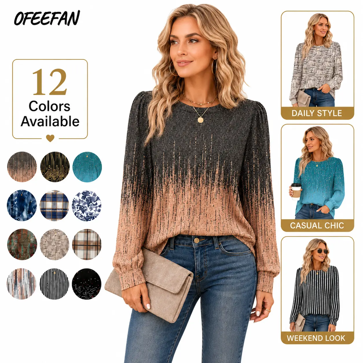OFEEFAN Women’s Long Sleeve Printed Blouse - Soft Stretch Crew Neck Puff Sleeve Trendy Blouses, Dressy Casual Fall Longsleeves for Office Work Clothes, Women's Fashion Wardrobe Staples S-3XL