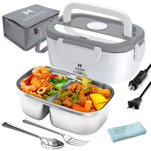 Electric Lunch Box, 65W Portable Food Heater for Adults, Fast Heating Food Warmer for Car Truck Home Office 110V/12V/24V with 1.5L 304 Stainless Steel Container, Fork Spoon and Bag, Tableware