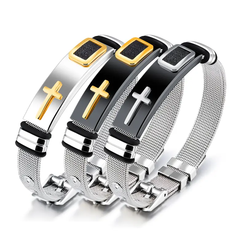 GJ-878 Cross Men's Adjustable Wrist Strap Titanium Steel Mesh Belt Bracelet Wrist Ring Personality Gift Men