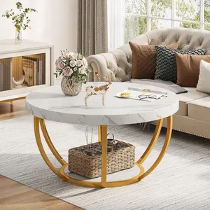 Tribesigns Round Coffee Table, 2 Tier Modern Coffee Table with Faux White Marble and Golden Metal Legs, Circle Center Table Tea Table Accent Furniture for Living Room, White and Gold