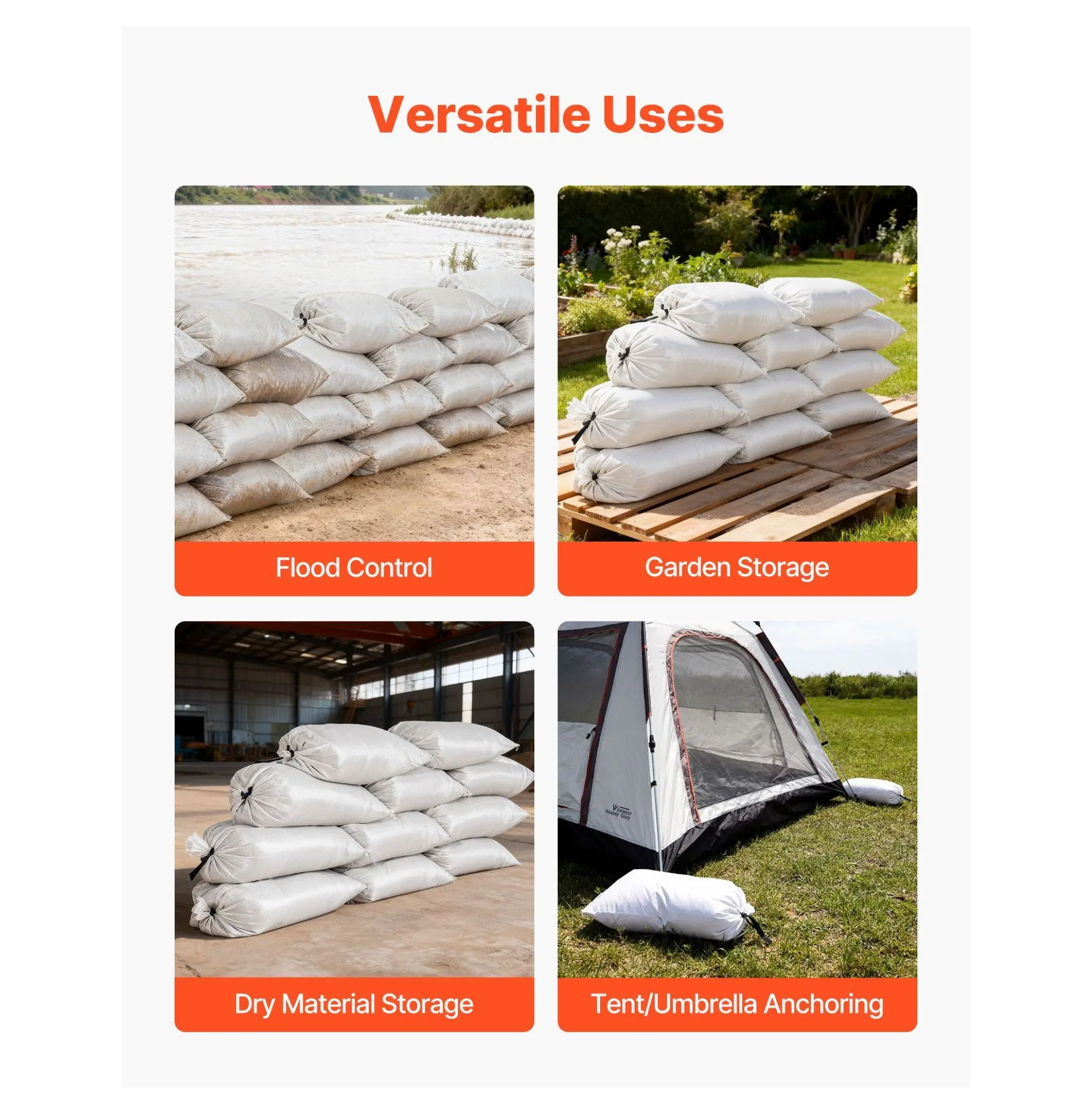 Sand Bags for Flooding - 50 Pack, 14x26", Heavy Duty Polypropylene Sandbags with Tie Strings, 50lbs Capacity, 1600 UV Protection 50-piece Set