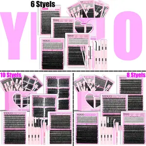 YIDUO 6/8/10-Style Eyelash Cluster Kit, Diy Eyelash Kit: 40D/60D/80D/Spike/Bottom Lash Clusters; 5-18mm Eyelash Extension Kit (1,086 pieces), D-Curvature; Includes 2 tubes of adhesive and sealer, Eyelash Remover, Eyelash Tweezers, Eyelash Brush